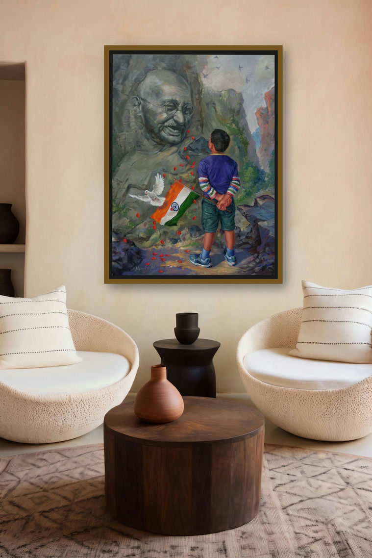 A Young Patriot (The Mahatmas Humble Pursuit) by artist Mahesh Rc displayed in a Curated gallery