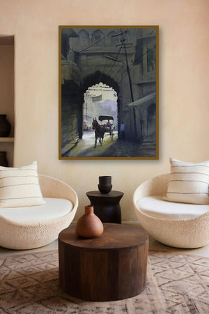 Aarch (Street Scene with Horse Carriage) by artist Kishor Nadavdekar displayed in a Museum Style gallery