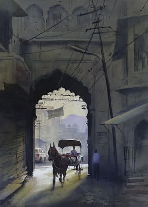 Aarch (Street Scene with Horse Carriage) by Kishor Nadavdekar, Original Watercolor Cityscape Painting on Paper, Medium Vertical Wall Art