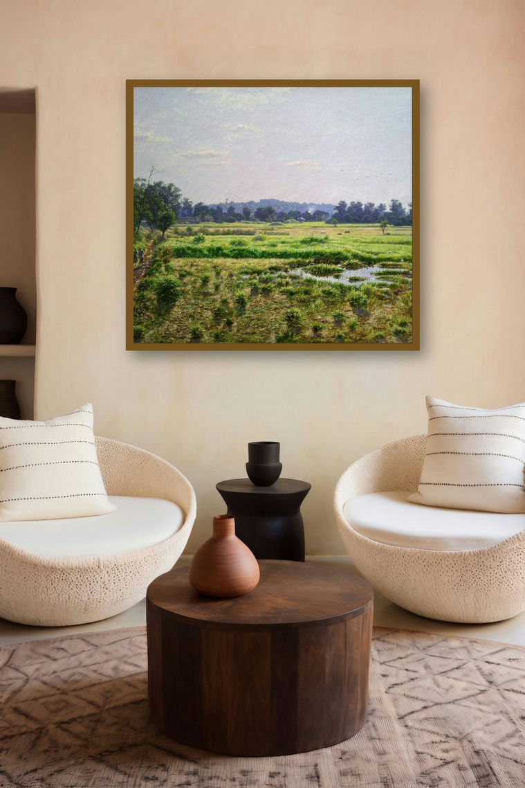 Aarre Mumbai (A Day in the Countryside) by artist Sanjay Sarfare displayed in a Minimalist gallery