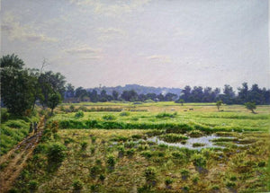 Aarre Mumbai (A Day in the Countryside) by Sanjay Sarfare, Original Oil Landscape Painting on Canvas, Small Horizontal Wall Art