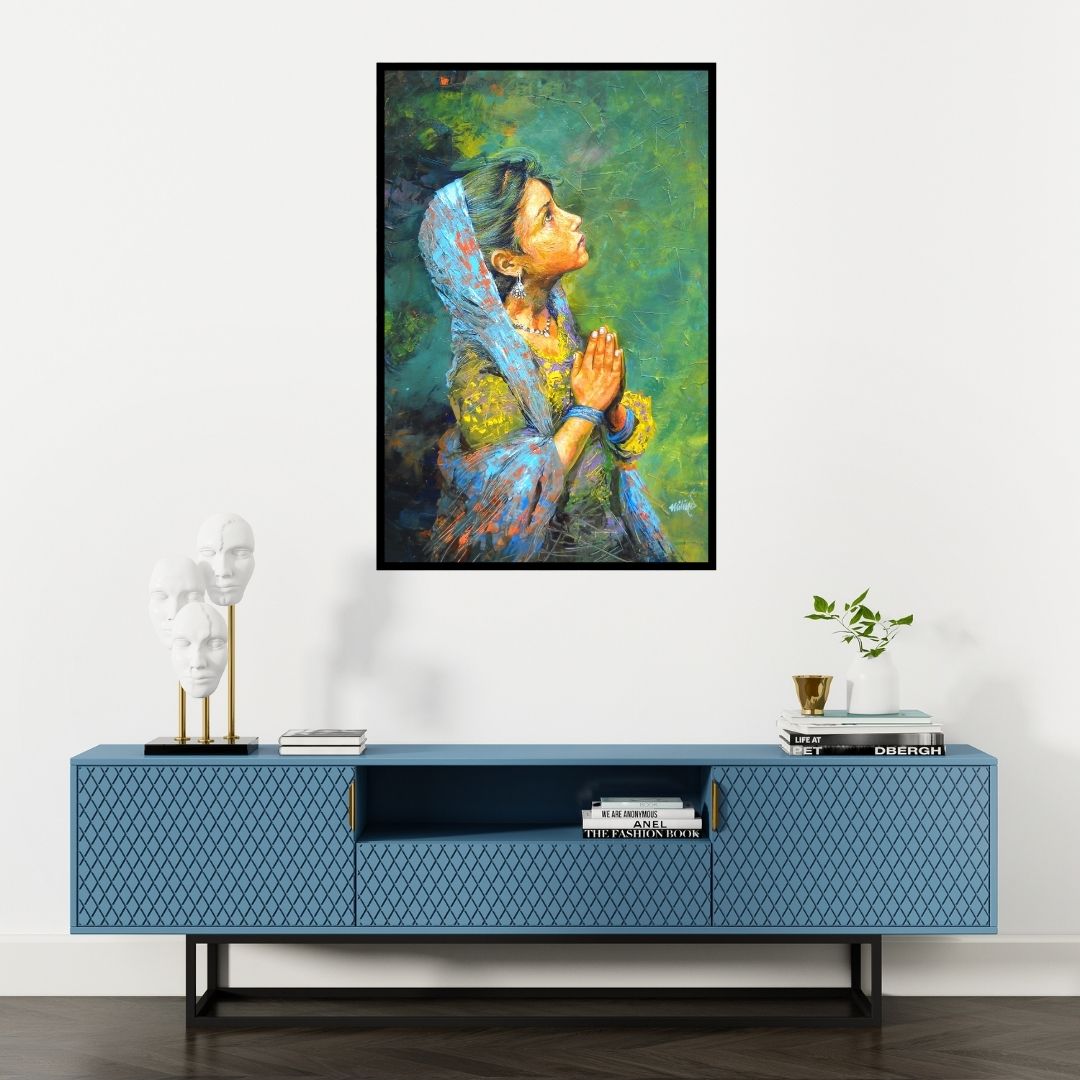 Preview of 'Aastha' Painting by Milind Varangaonkar shown on a wall in a furnished room.