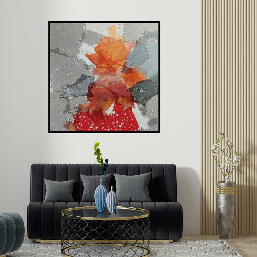 Madhuri Kathe's 'Abstract 21' painting visualized above a sofa in a contemporary room.