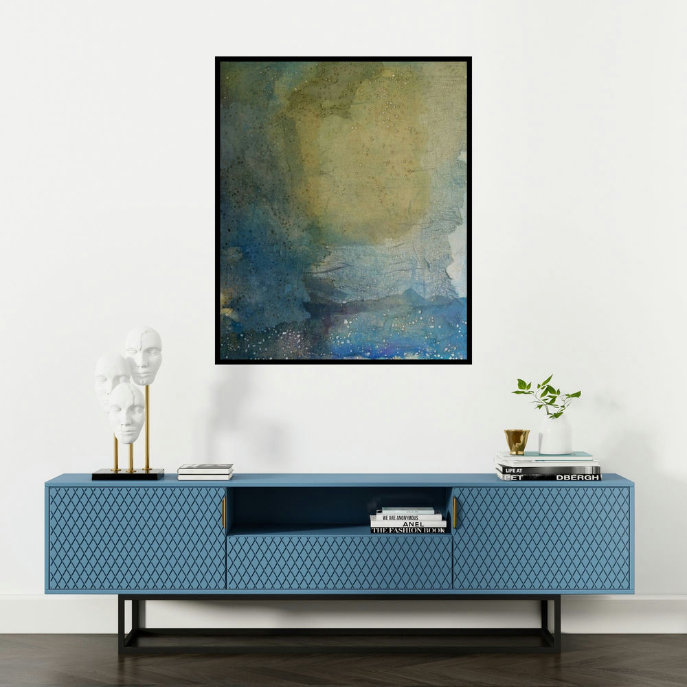 Madhuri Kathe's 'Abstract 4' painting visualized above a sofa in a contemporary room.