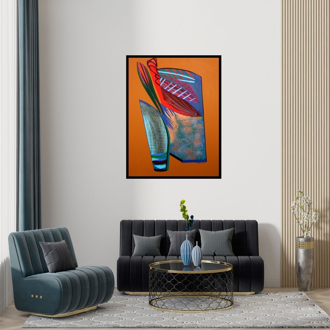 Preview of 'Abstract 6 (Abstract Botanical Forms)' Painting by Viidhyasagar Upadhyay shown on a wall in a furnished room.