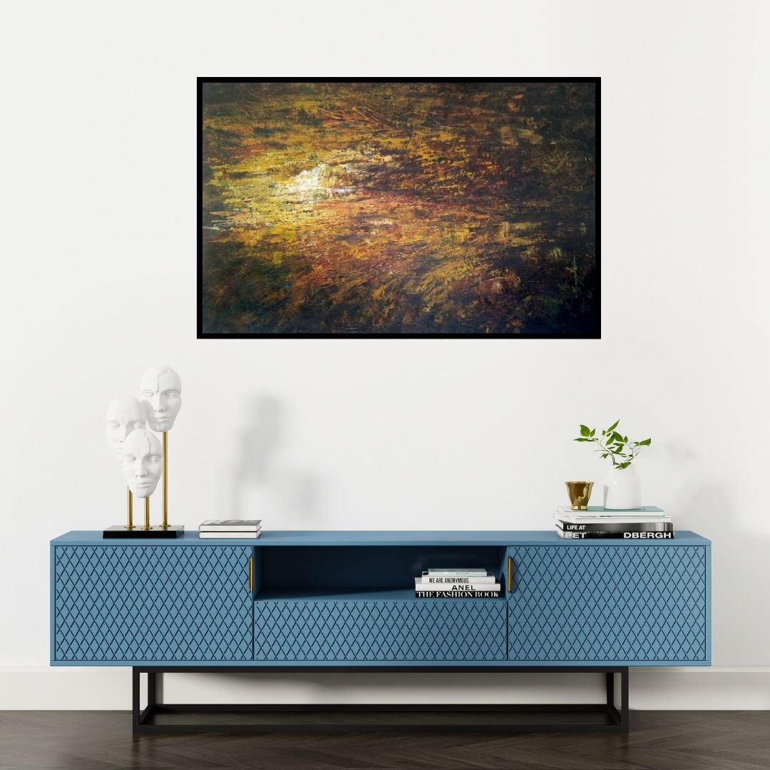 Preview of 'Abstract Art (Golden Afterglow)' Painting by Sanjay Akolikar shown on a wall in a furnished room.