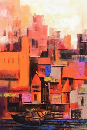 Religious acrylic painting titled 'Abstract Banaras Ghat 1', 36x24 inches, by artist Purnendu Mandal on Canvas