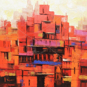 Religious acrylic painting titled 'Abstract Banaras Ghat 2', 36x36 inches, by artist Purnendu Mandal on Canvas