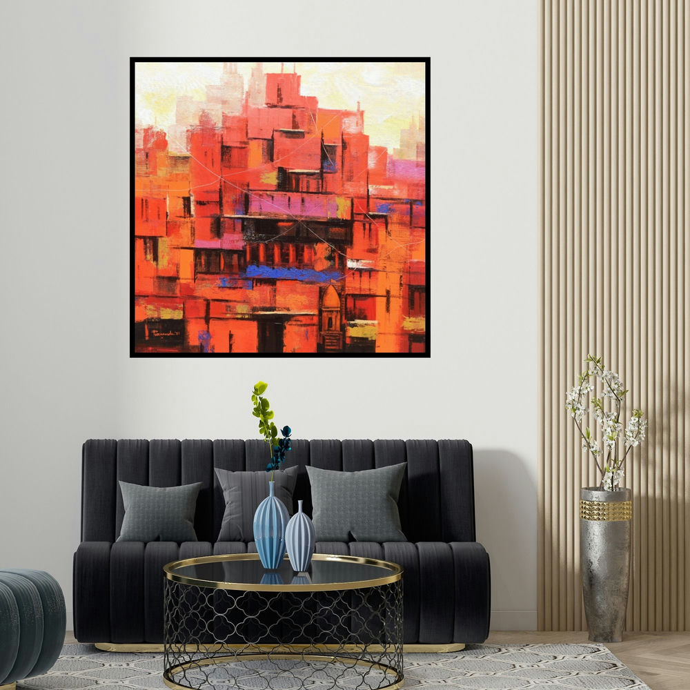 Purnendu Mandal's 'Abstract Banaras Ghat 2 (Abstract Cityscape) (Urban Sunrise Abstract)' painting visualized above a sofa in a contemporary room.