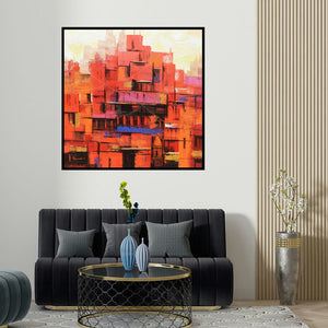 Purnendu Mandal's 'Abstract Banaras Ghat 2 (Abstract Cityscape) (Urban Sunrise Abstract)' painting visualized above a sofa in a contemporary room.