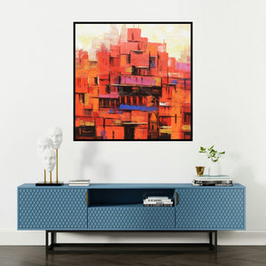 'Abstract Banaras Ghat 2 (Abstract Cityscape) (Urban Sunrise Abstract)' painting by Purnendu Mandal shown on a wall in a furnished room.