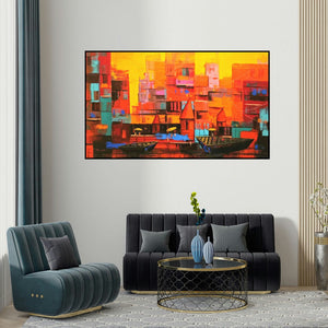 Purnendu Mandal's 'Abstract Banaras Ghat 3 (Abstract Banaras Ghat) (Varanasi Golden Ghats)' painting visualized above a sofa in a contemporary room.