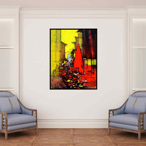 In-situ view of Dheeraj Yadav's 'Abstract Cityscape 1' painting in a room