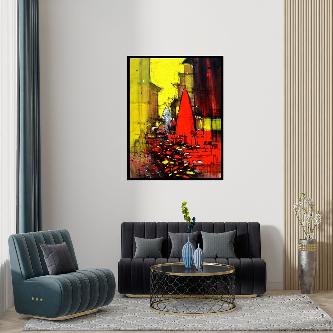Preview of 'Abstract Cityscape 1' Painting by Dheeraj Yadav shown on a wall in a furnished room.