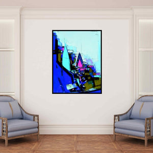 In-situ view of Dheeraj Yadav's 'Abstract Cityscape 2' painting in a room