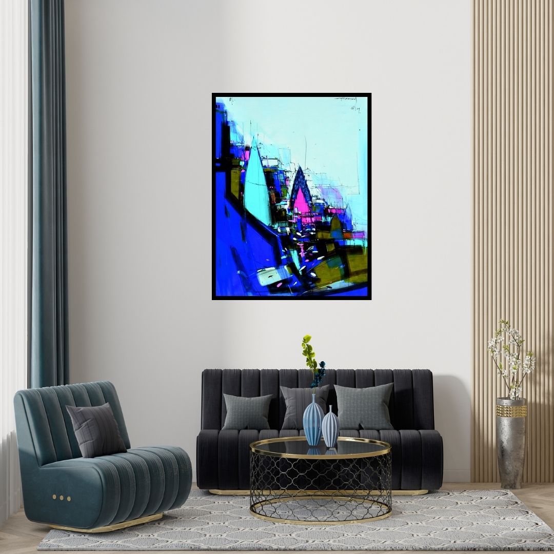 Preview of 'Abstract Cityscape 2' Painting by Dheeraj Yadav shown on a wall in a furnished room.