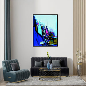 Preview of 'Abstract Cityscape 2' Painting by Dheeraj Yadav shown on a wall in a furnished room.