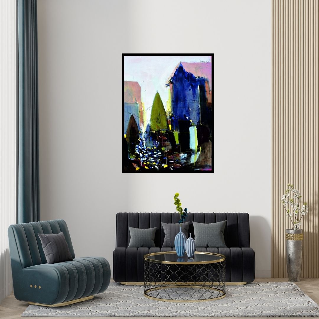 Preview of 'Abstract Cityscape 3' Painting by Dheeraj Yadav shown on a wall in a furnished room.