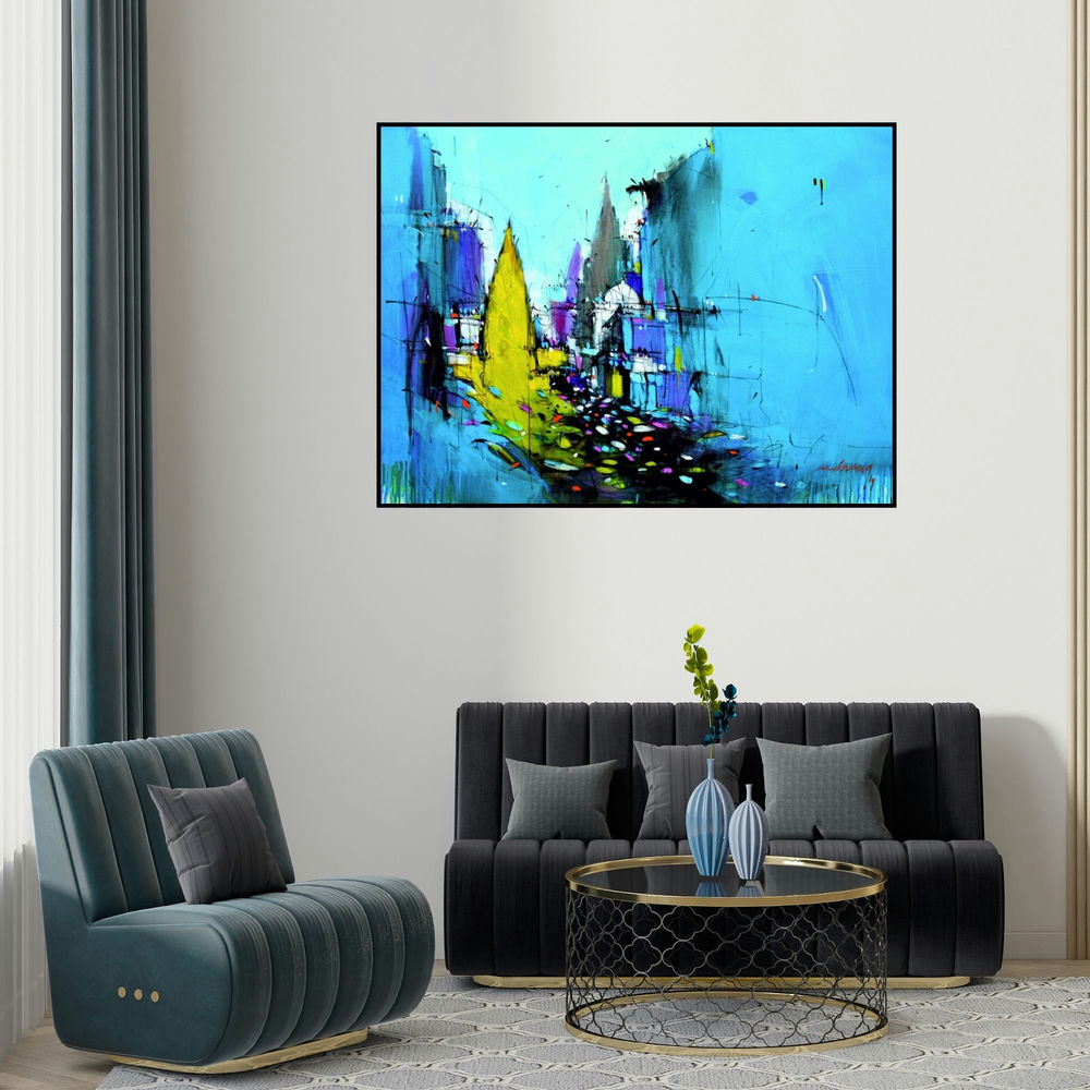 Dheeraj Yadav's 'Abstract Cityscape 5' painting visualized above a sofa in a contemporary room.