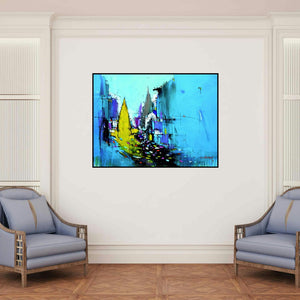 'Abstract Cityscape 5' painting by Dheeraj Yadav shown on a wall in a furnished room.