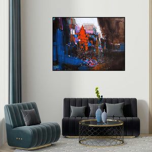 Dheeraj Yadav's 'Abstract Cityscape 6' painting visualized above a sofa in a contemporary room.