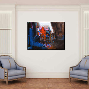 'Abstract Cityscape 6' painting by Dheeraj Yadav shown on a wall in a furnished room.