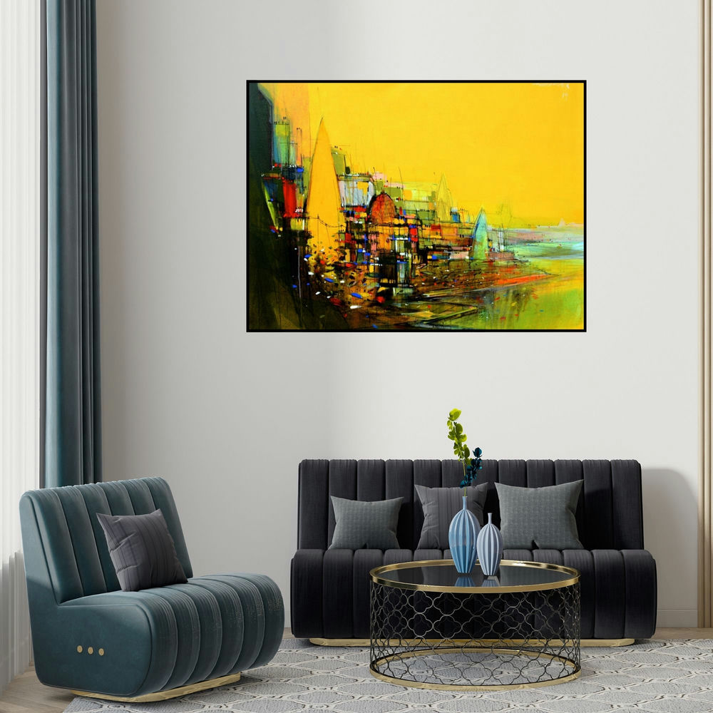 Dheeraj Yadav's 'Abstract Cityscape 7' painting visualized above a sofa in a contemporary room.