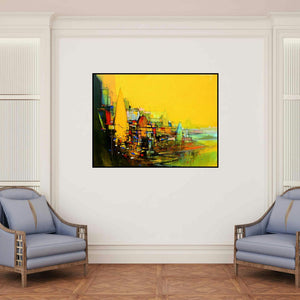'Abstract Cityscape 7' painting by Dheeraj Yadav shown on a wall in a furnished room.