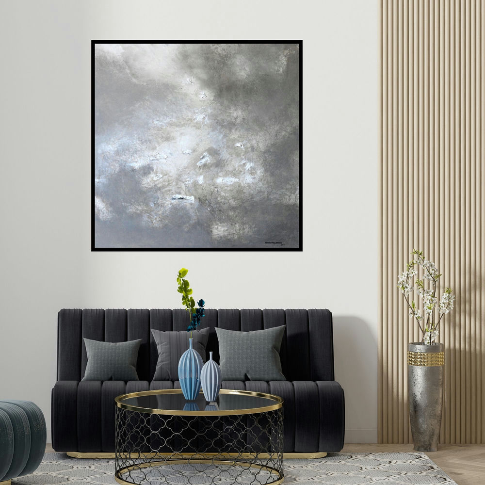 Balasaheb Abhang's 'Abstract Highs In White Scale 2 (Ethereal Horizon)' painting visualized above a sofa in a contemporary room.