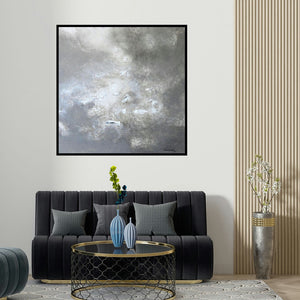 Balasaheb Abhang's 'Abstract Highs In White Scale 2 (Ethereal Horizon)' painting visualized above a sofa in a contemporary room.