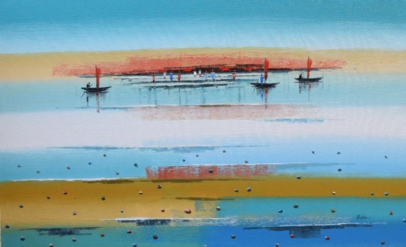 Landscape acrylic painting titled 'Abstract Landscape 10', 30x48 inches, by artist Reba Mandal on Canvas