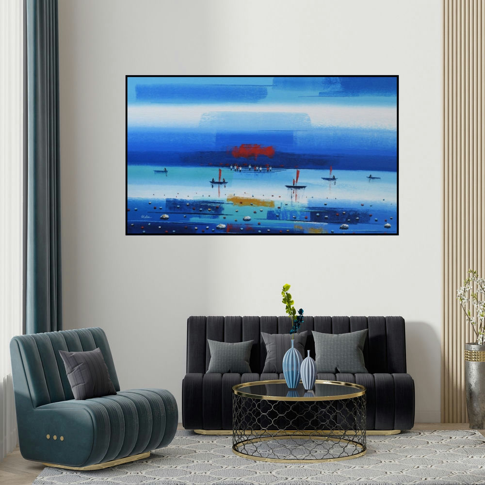 Reba Mandal's 'Abstract Landscape 11' painting visualized above a sofa in a contemporary room.
