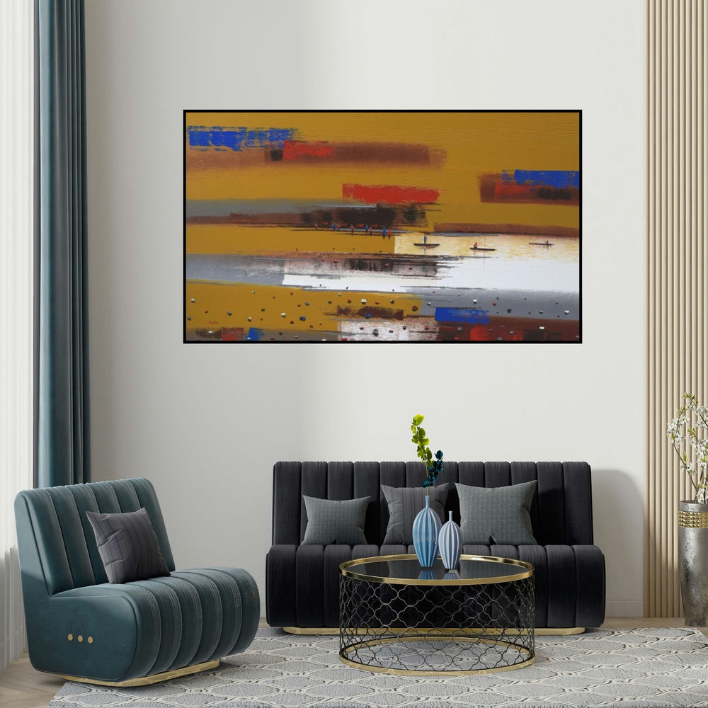 Reba Mandal's 'Abstract Landscape 12' painting visualized above a sofa in a contemporary room.
