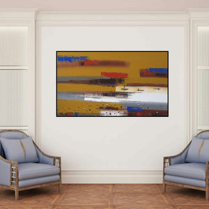 'Abstract Landscape 12' painting by Reba Mandal shown on a wall in a furnished room.