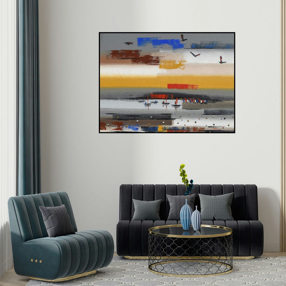 Reba Mandal's 'Abstract Landscape 13' painting visualized above a sofa in a contemporary room.