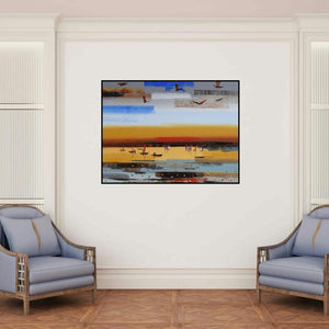 'Abstract Landscape 14' painting by Reba Mandal shown on a wall in a furnished room.