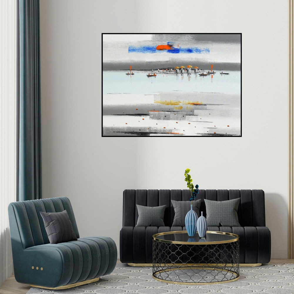 Reba Mandal's 'Abstract Landscape 16' painting visualized above a sofa in a contemporary room.