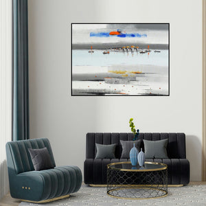 Reba Mandal's 'Abstract Landscape 16' painting visualized above a sofa in a contemporary room.