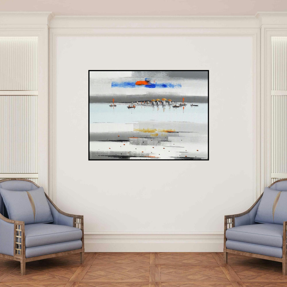 'Abstract Landscape 16' painting by Reba Mandal shown on a wall in a furnished room.