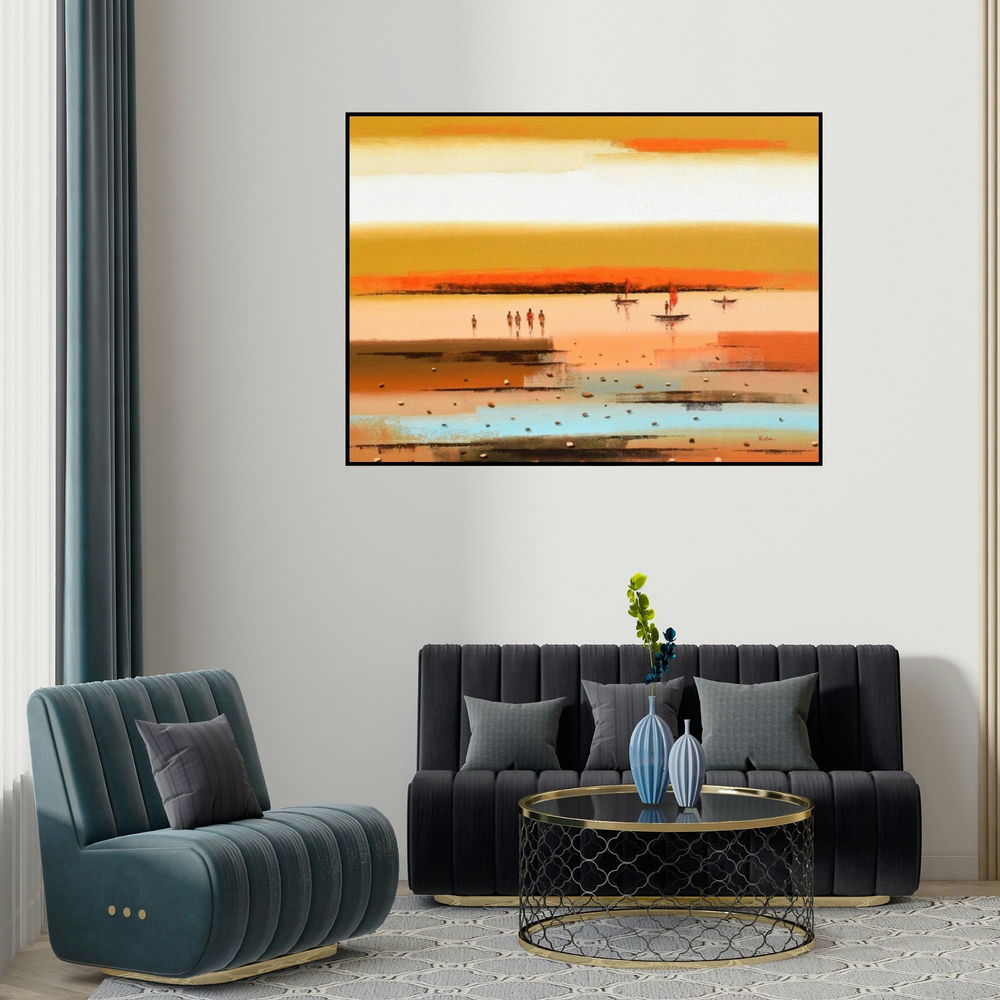 Reba Mandal's 'Abstract Landscape 18' painting visualized above a sofa in a contemporary room.