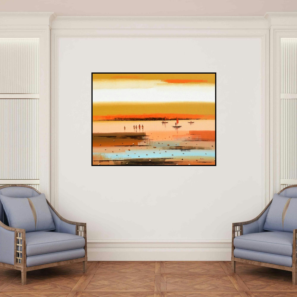 'Abstract Landscape 18' painting by Reba Mandal shown on a wall in a furnished room.