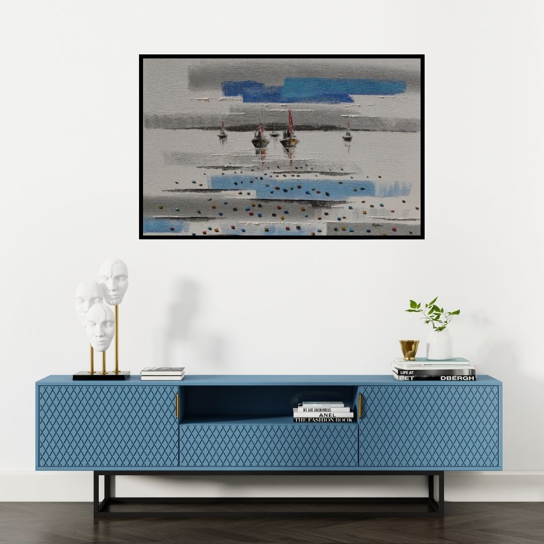 Preview of 'Abstract Landscape 3' Painting by Reba Mandal shown on a wall in a furnished room.