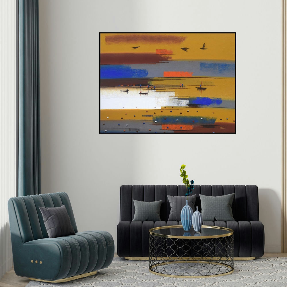Reba Mandal's 'Abstract Landscape 4' painting visualized above a sofa in a contemporary room.