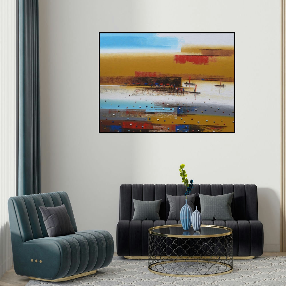 Reba Mandal's 'Abstract Landscape 5' painting visualized above a sofa in a contemporary room.