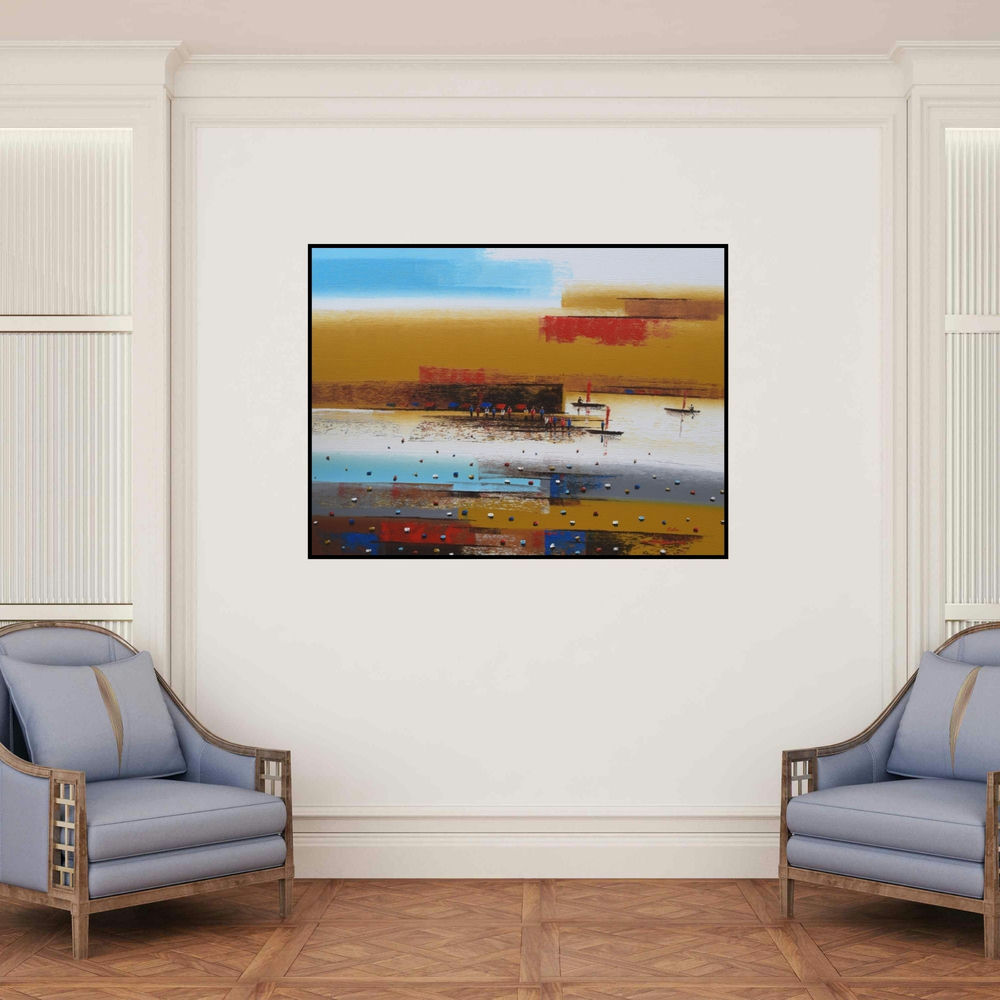 'Abstract Landscape 5' painting by Reba Mandal shown on a wall in a furnished room.