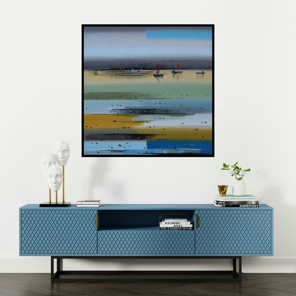 'Abstract Landscape 6' painting by Reba Mandal shown on a wall in a furnished room.