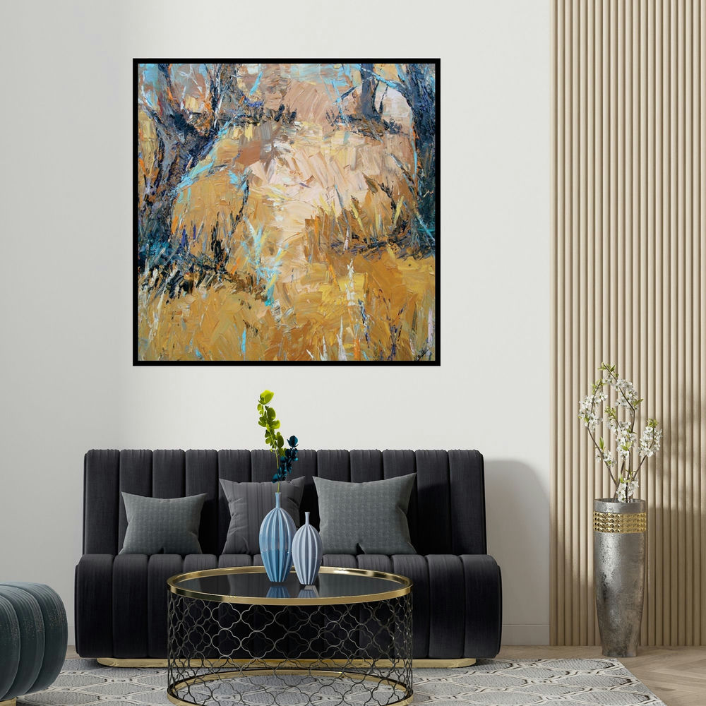 Nandita Richie's 'Abstract Landscape (Golden Path)' painting visualized above a sofa in a contemporary room.
