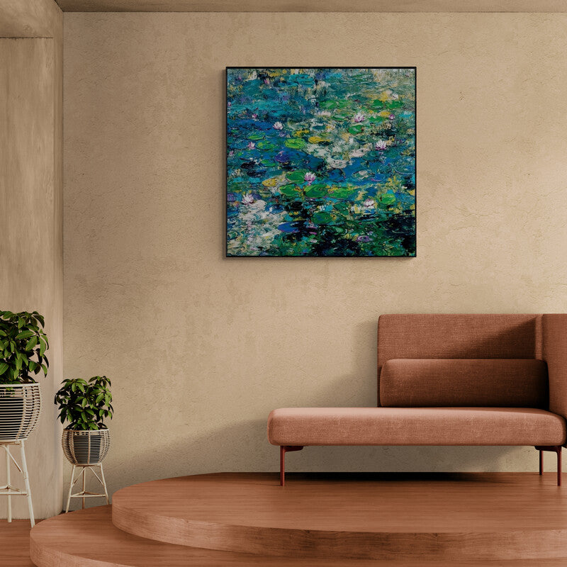 In-situ view of Nandita Richie's 'Abstract Nature 6 (Serene Water Lilies)' painting in a room