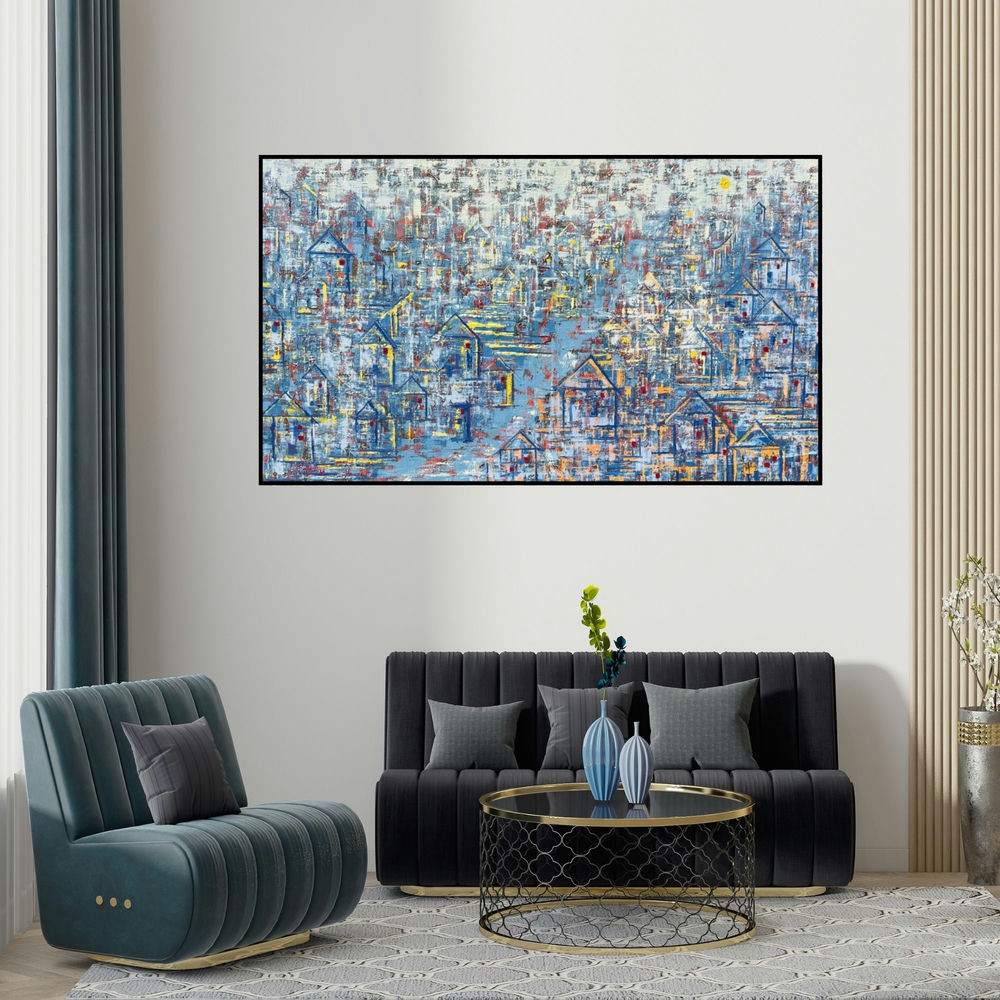 Karishma Wadhwa's 'Abundance (A Tapestry of Homes**)' painting visualized above a sofa in a contemporary room.