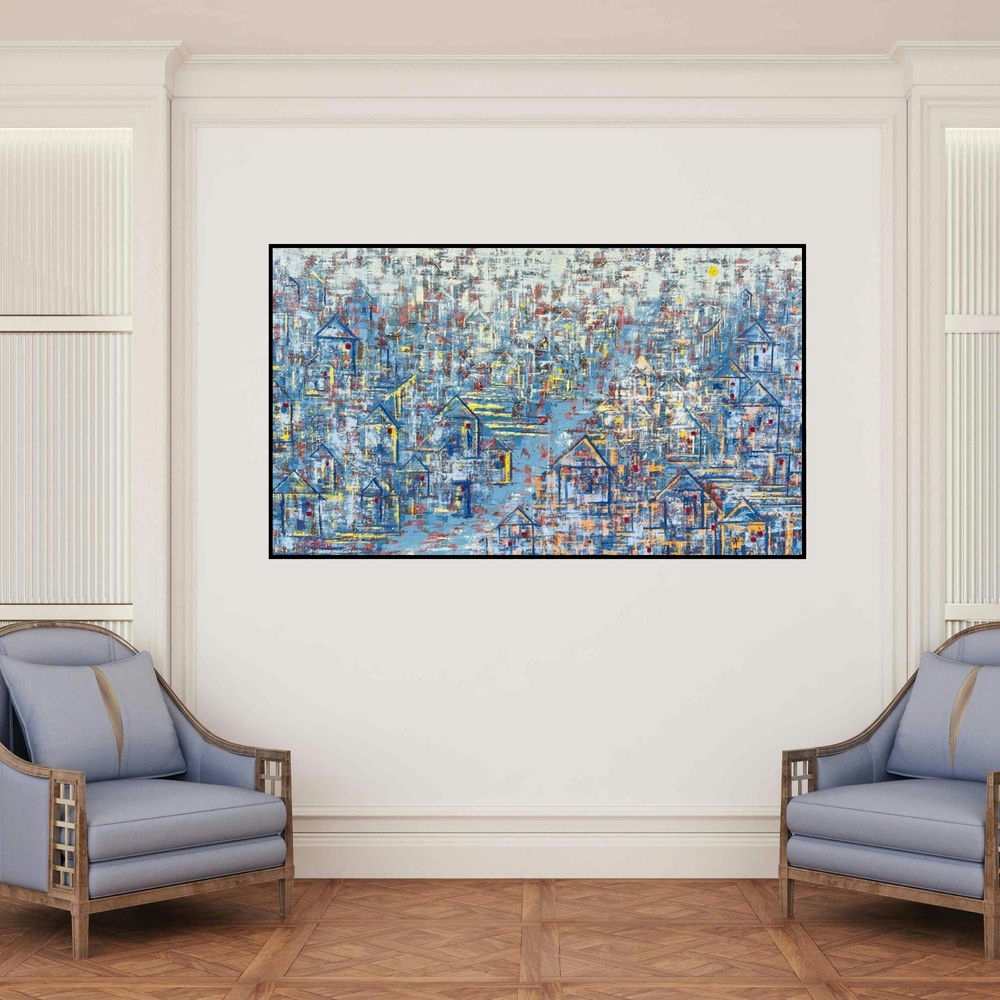 'Abundance (A Tapestry of Homes**)' painting by Karishma Wadhwa shown on a wall in a furnished room.
